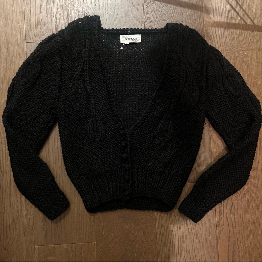 Sheridan Vintage V-Neck Knit Acrylic Black Cardigan SZ M
